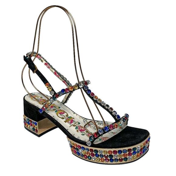 Gucci Mira Crystal Embellished Platform Sandals EU 37.5 US 7.5  Strappy Black - Picture 1 of 11